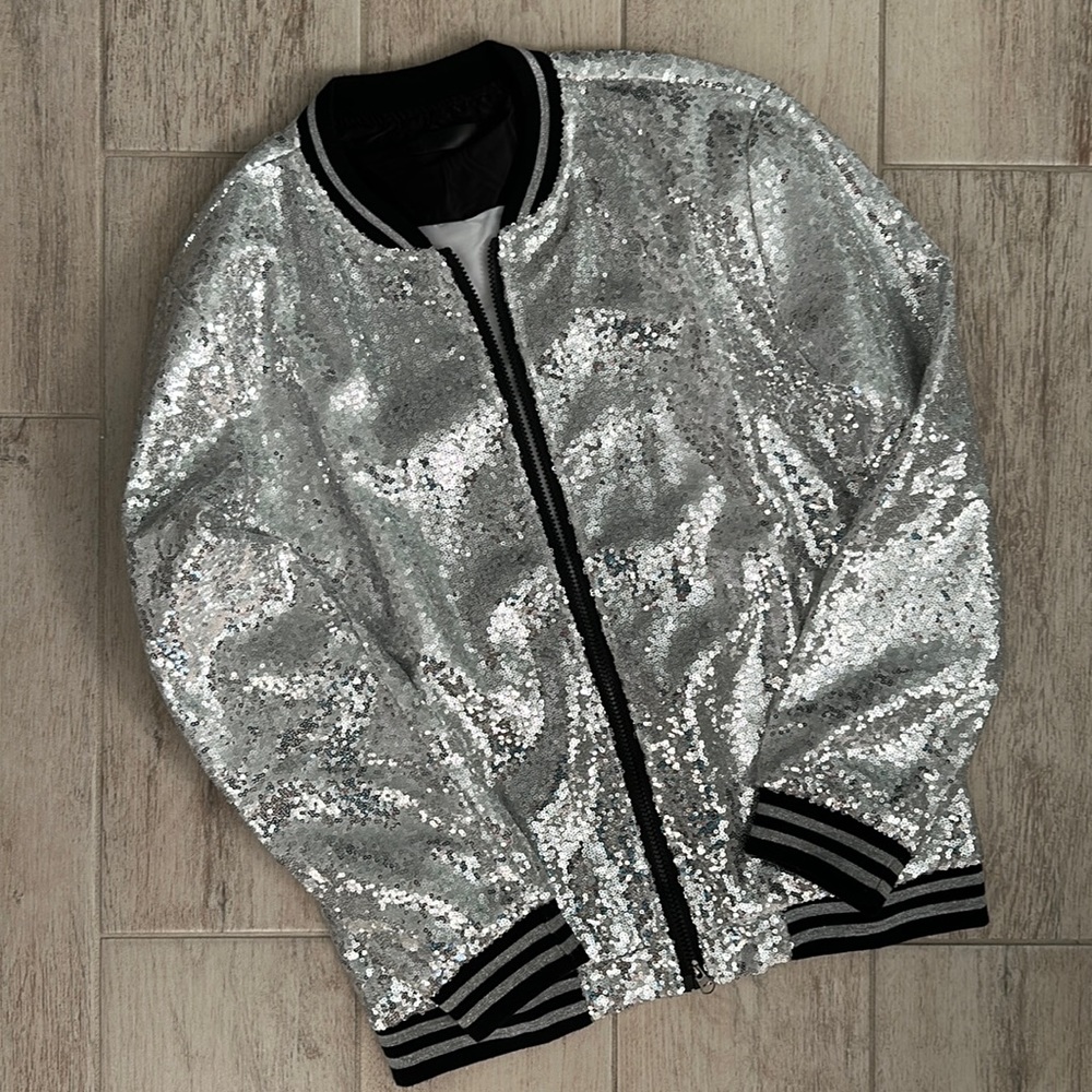 Metallic Sequin Disco Varsity Bomber Jacket